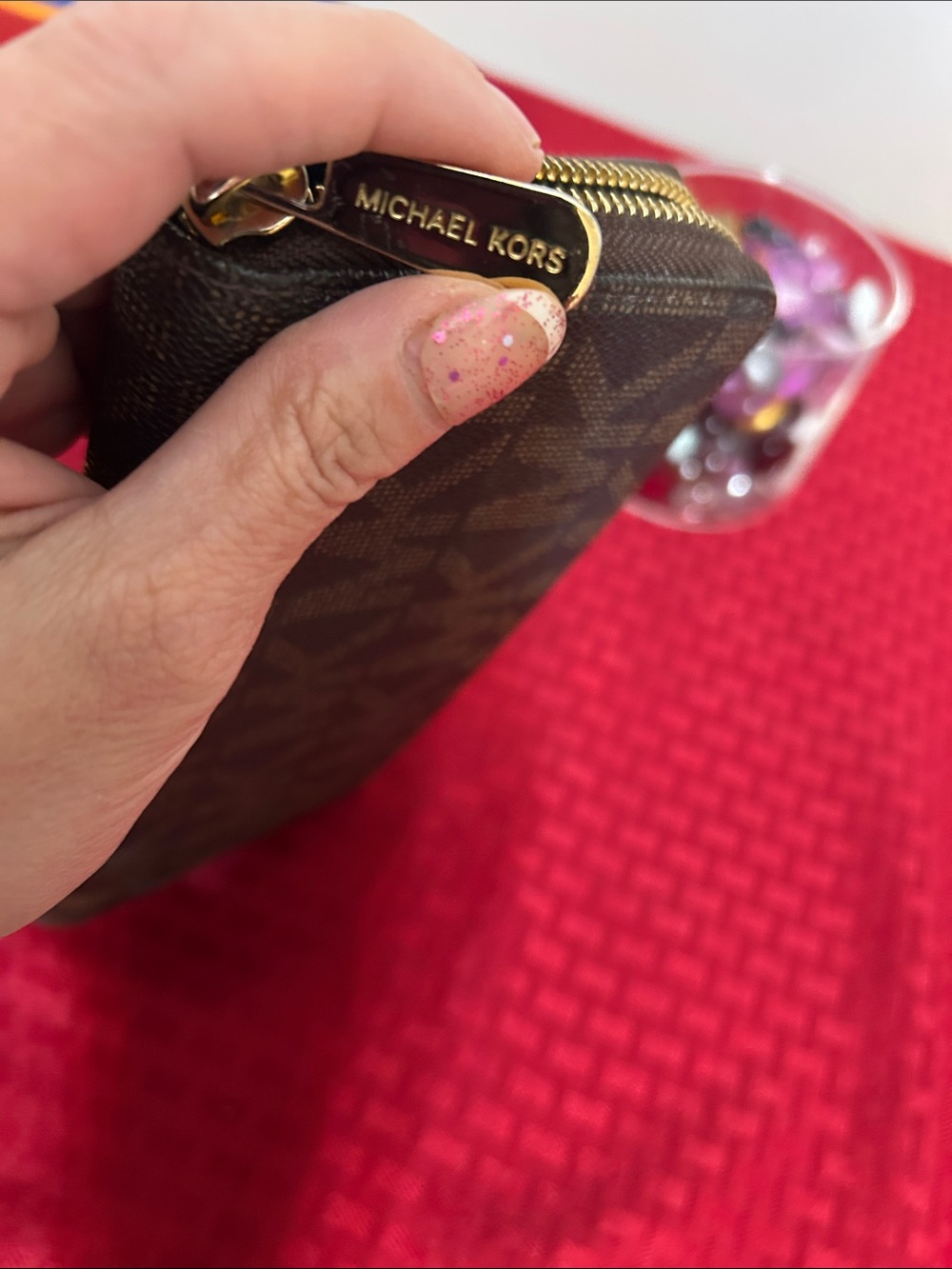 Michael Kors Brown Monogram Zip Wallet with Gold Plaque - Picture 6 of 6